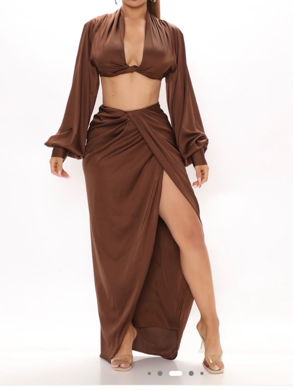 Fashion Nova Brown Satin Wrap Maxi Skirt SET